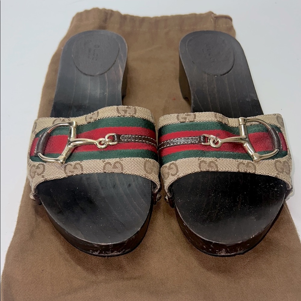GUCCI Beige/Ebony GG Canvas Signature Web Icon Bit Wood Slide Clog Sandals - Picture 3 of 10